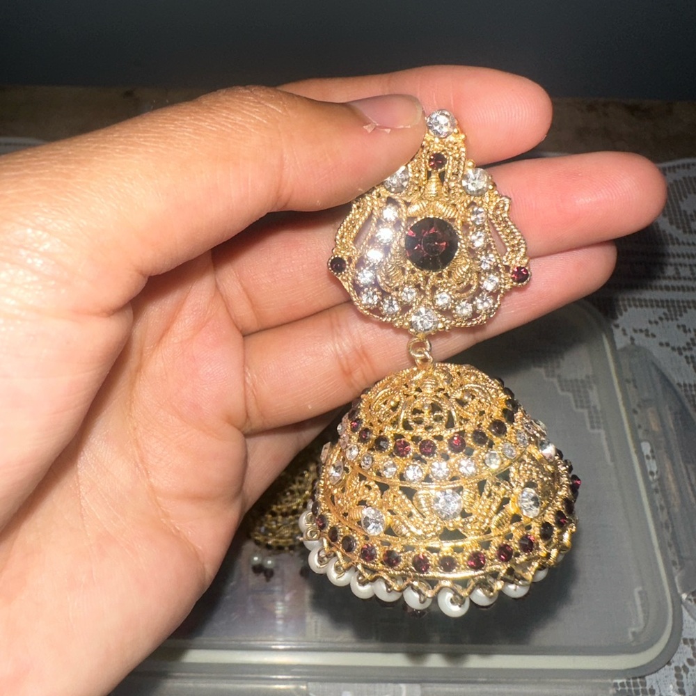Pakistani Indian Gold and dark purple Jhumka Earrings - OPEN TO ALL OFFERS